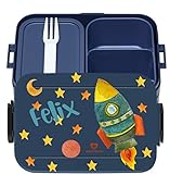 wolga-kreativ Brotdose blau Lunchbox Bento Box Kinder mit Namen Mepal Obsteinsatz für Jungen Mädchen Rakete grün personalisiert Brotbüchse Brotdosen Kindergarten Schule Schultüte füllen
