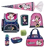 Familando Minnie Maus Schulranzen-Set 8-TLG. Federmappe Sporttasche, Schultüte und Regenschutz rosa blau Minni Mouse